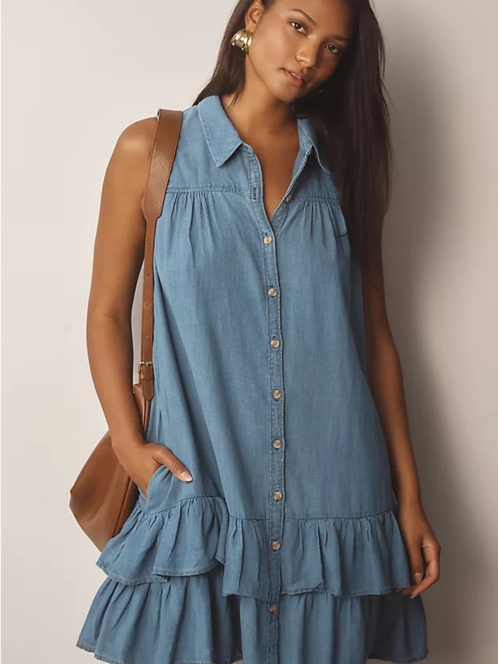Nwot Pilcro Blue Denim Tiered Button-Front Dress with Brown Studded Belt - Picture 4 of 5